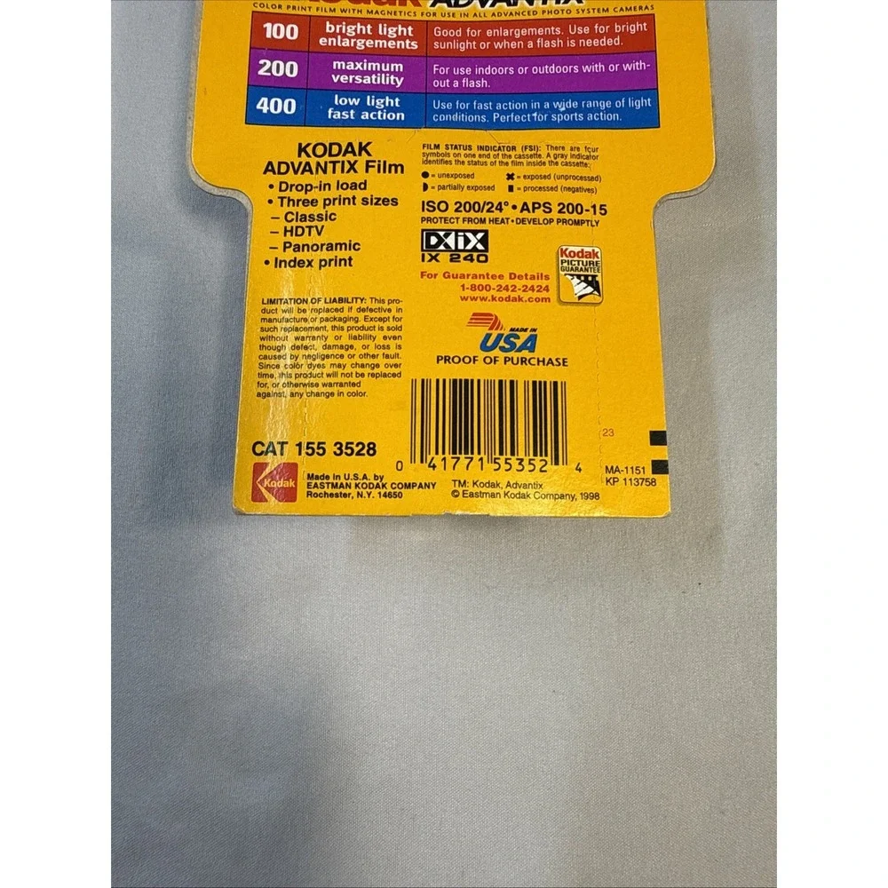 Kodak 1996 Advantix 200 Color Film Roll 15 Exp - New
